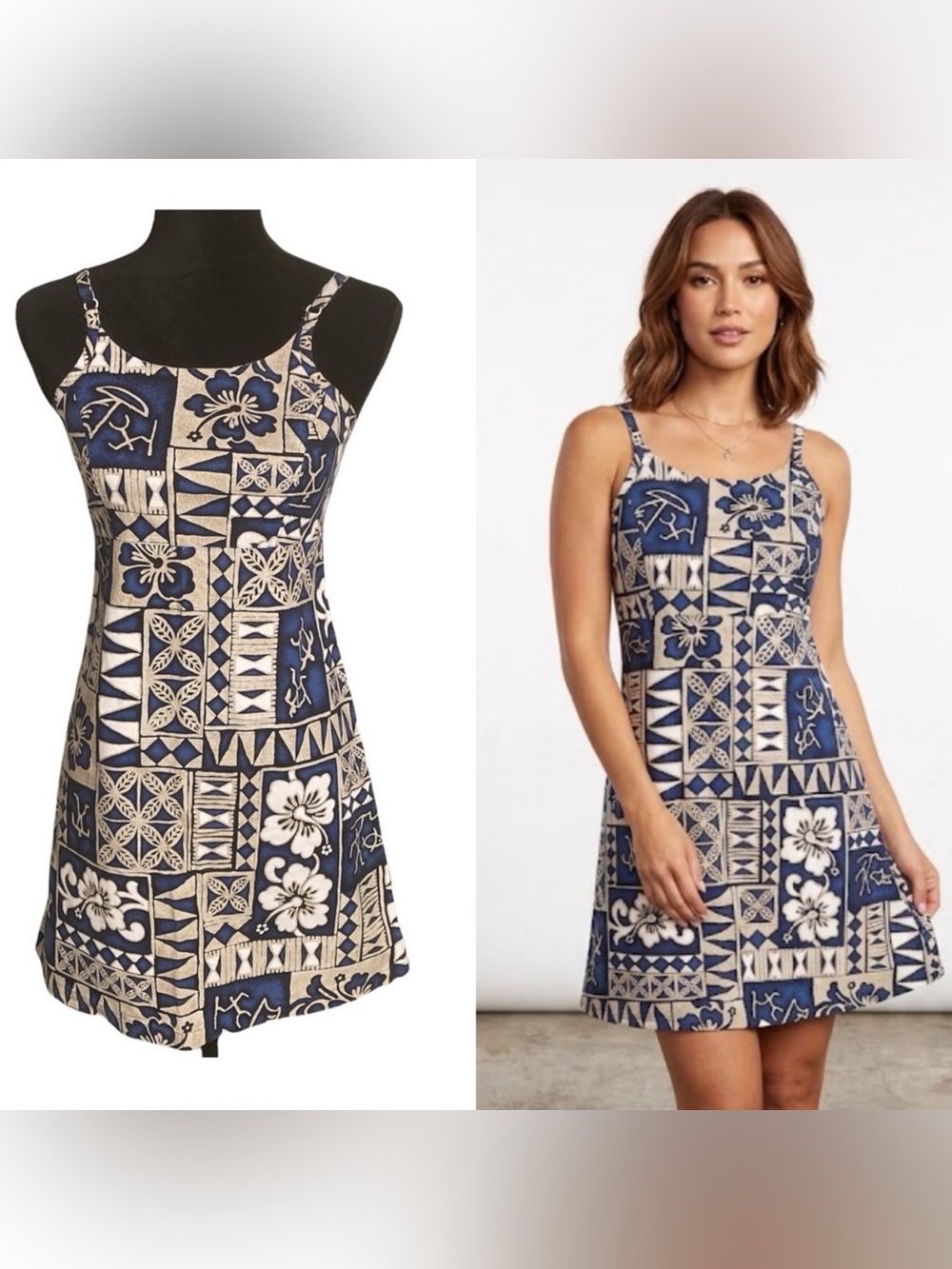 The Hawaiian Original Blue Mini Dress with Hawaiian Tribal/Hibiscus  Size S